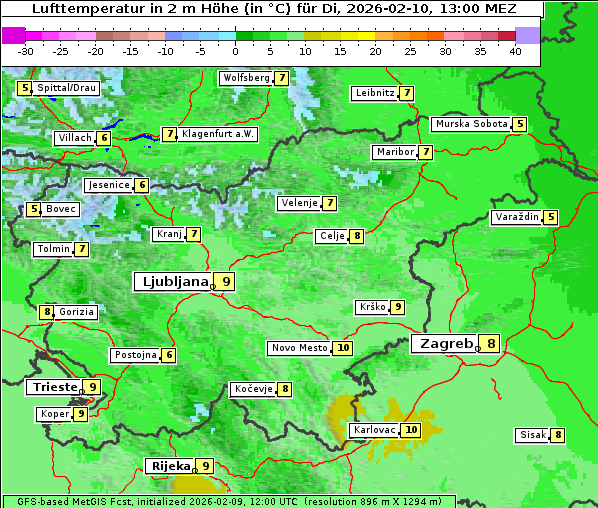 Temperatur, 10. 2. 2026