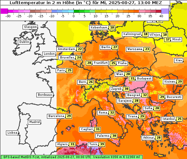 Temperatur, 27. 8. 2025