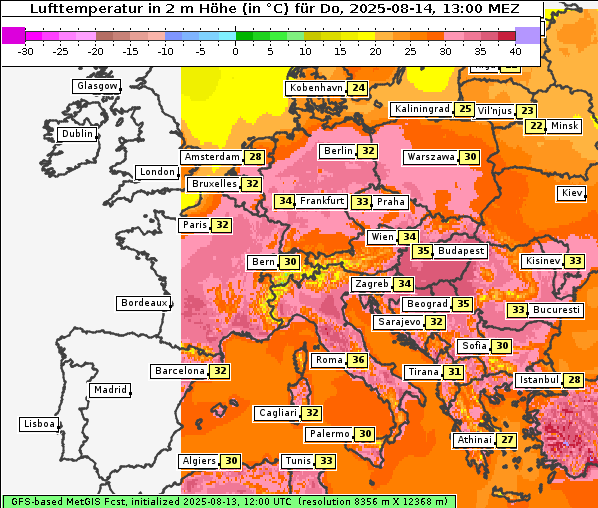 Temperatur, 14. 8. 2025