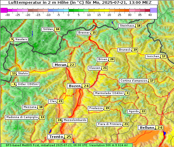 Temperatur, 21. 7. 2025