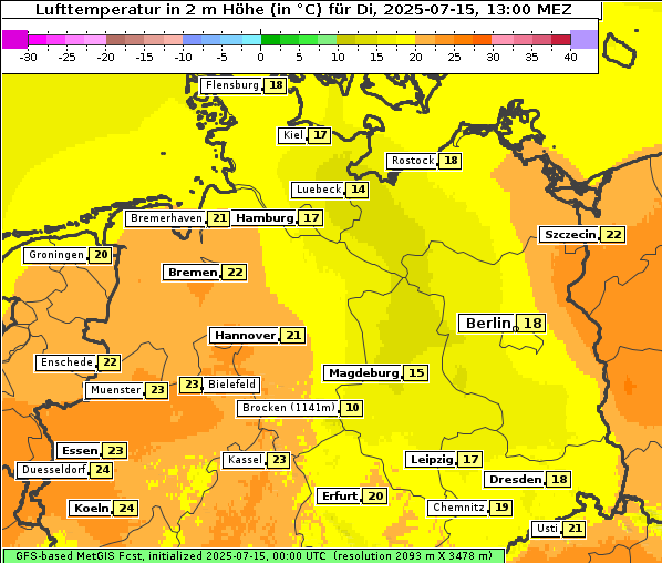 Temperatur, 15. 7. 2025