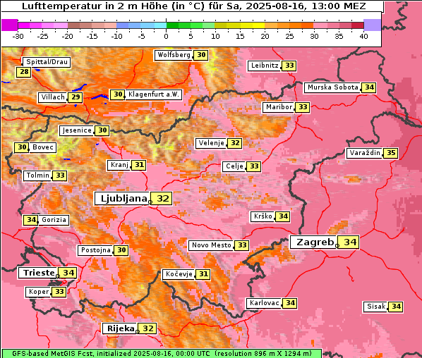 Temperatur, 16. 8. 2025