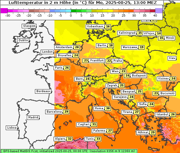 Temperatur, 25. 8. 2025