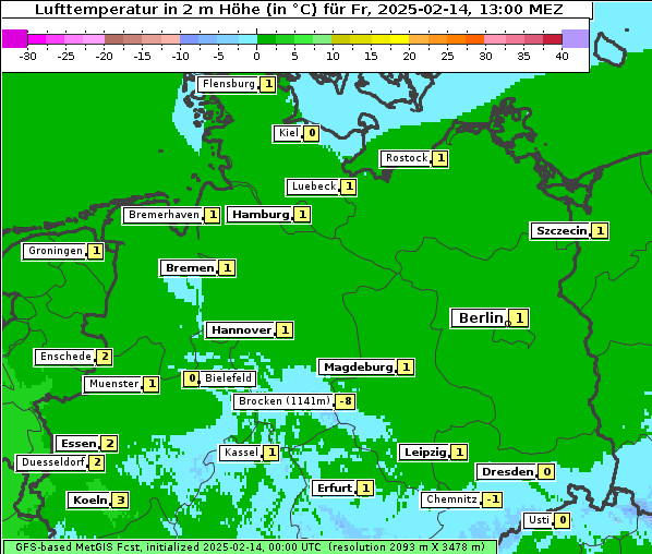 Temperatur, 14. 2. 2025