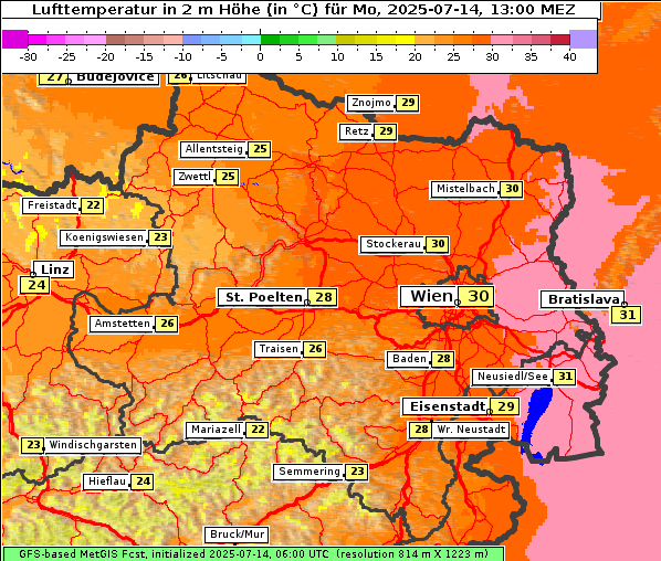 Temperatur, 14. 7. 2025