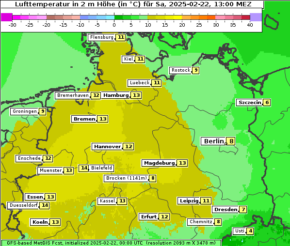 Temperatur, 22. 2. 2025