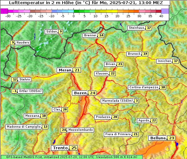 Temperatur, 21. 7. 2025