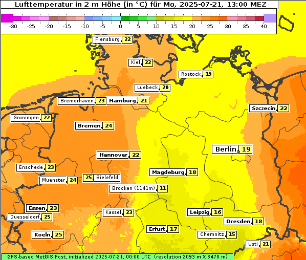 Temperatur, 21. 7. 2025