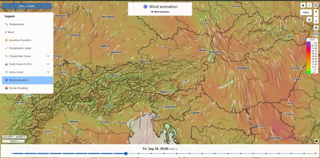 Standbild der Windanimation in MetGIS Pro+